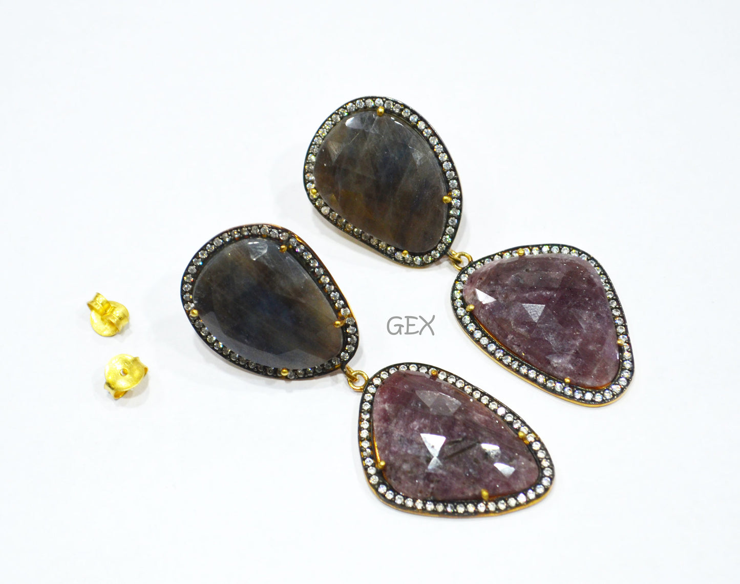 92.5 Sterling Silver Shaded Ruby And Black Sapphire Faceted Fancy Shape Earring , Shaded Ruby And Black Sapphire With Pave Cubic Zirconia Earring , 58 mm , E-064