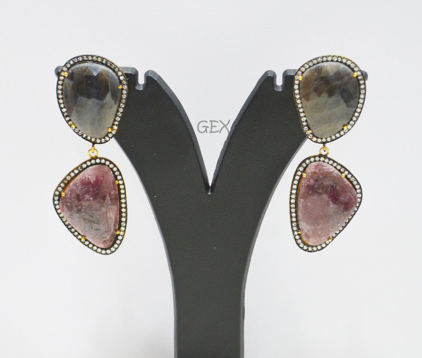92.5 Sterling Silver Shaded Ruby And Black Sapphire Faceted Fancy Shape Earring , Shaded Ruby And Black Sapphire With Pave Cubic Zirconia Earring , 58 mm , E-064