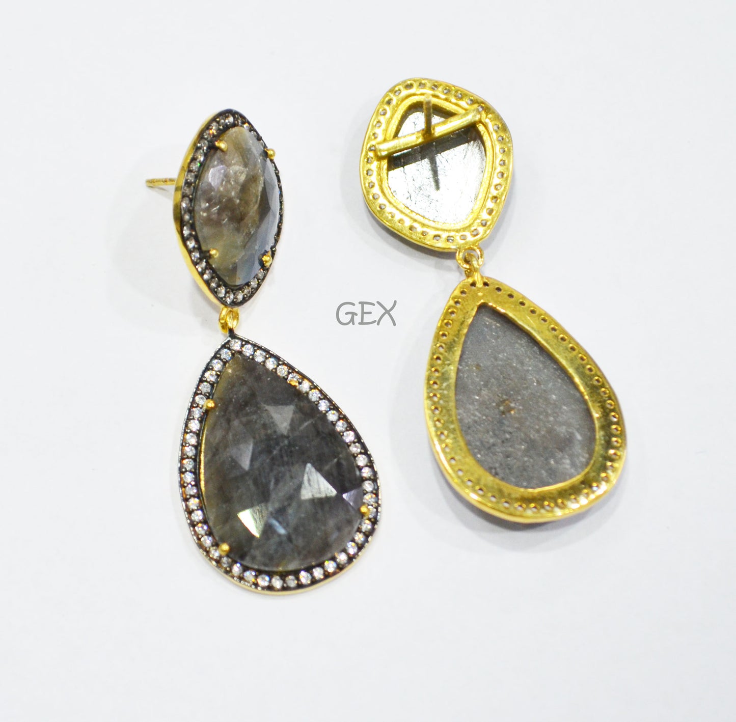 92.5 Sterling Silver Shaded Blue And Black Sapphire Faceted Fancy Shape Earring , Shaded Blue And Black Sapphire With Pave Cubic Zirconia Earring , 55 mm , E-065