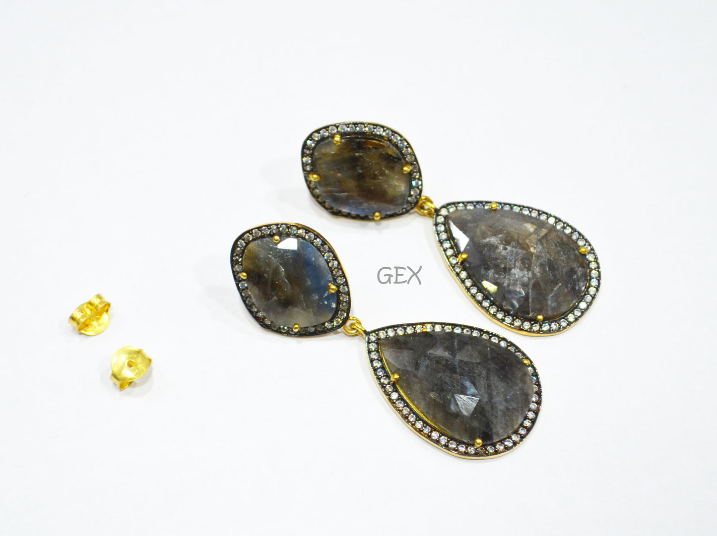 92.5 Sterling Silver Shaded Blue And Black Sapphire Faceted Fancy Shape Earring , Shaded Blue And Black Sapphire With Pave Cubic Zirconia Earring , 55 mm , E-065