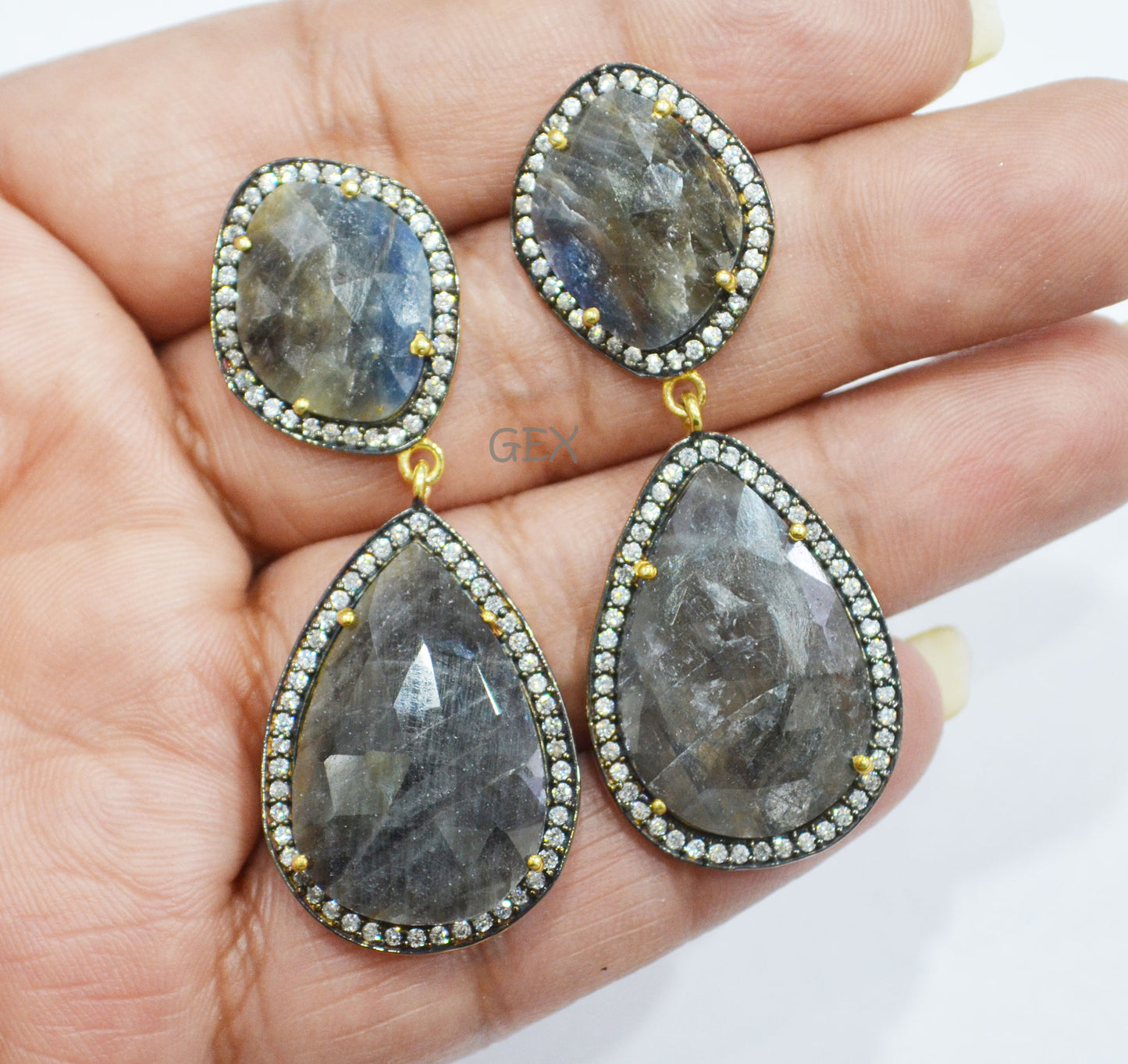 92.5 Sterling Silver Shaded Blue And Black Sapphire Faceted Fancy Shape Earring , Shaded Blue And Black Sapphire With Pave Cubic Zirconia Earring , 55 mm , E-065