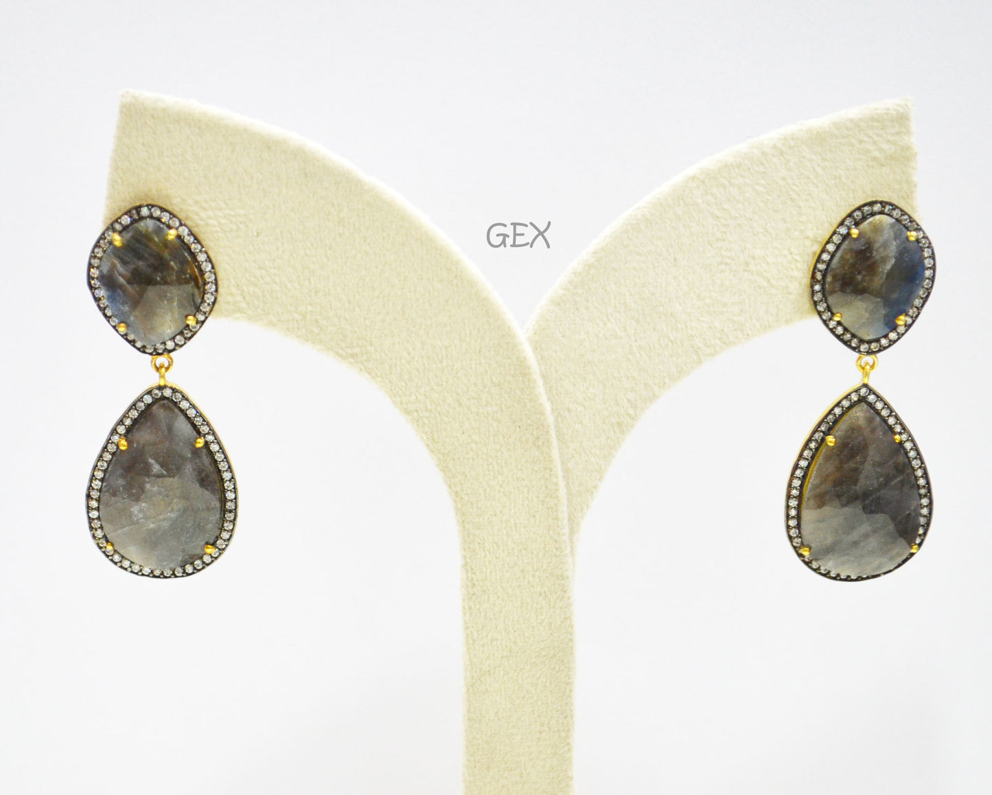 92.5 Sterling Silver Shaded Blue And Black Sapphire Faceted Fancy Shape Earring , Shaded Blue And Black Sapphire With Pave Cubic Zirconia Earring , 55 mm , E-065