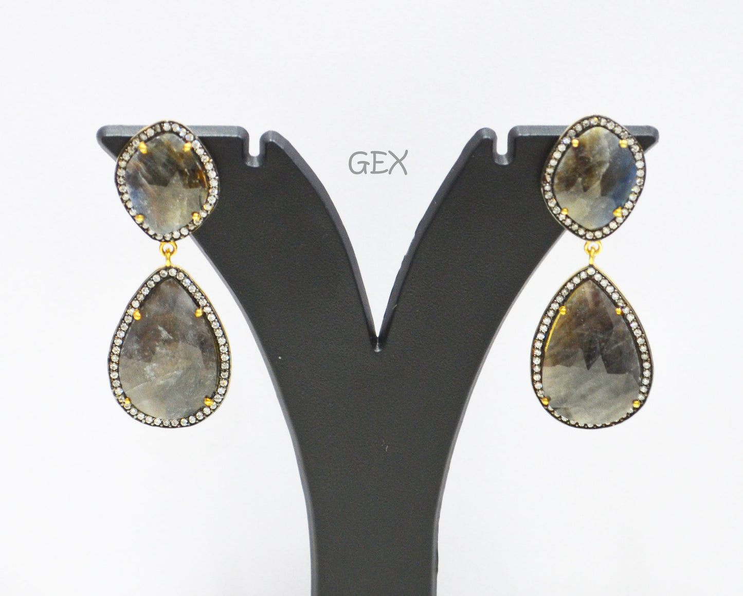 92.5 Sterling Silver Shaded Blue And Black Sapphire Faceted Fancy Shape Earring , Shaded Blue And Black Sapphire With Pave Cubic Zirconia Earring , 55 mm , E-065