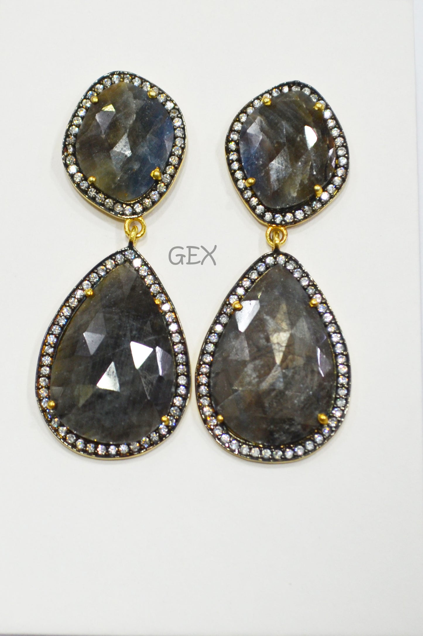 92.5 Sterling Silver Shaded Blue And Black Sapphire Faceted Fancy Shape Earring , Shaded Blue And Black Sapphire With Pave Cubic Zirconia Earring , 55 mm , E-065