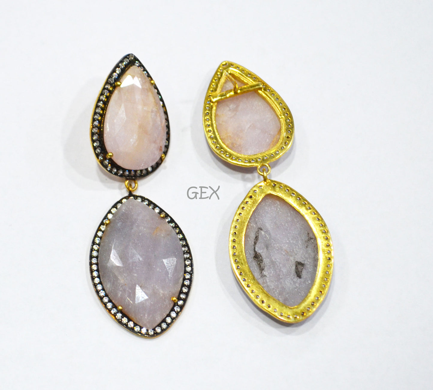 92.5 Sterling Silver Lavender And Baby Pink Sapphire Faceted Fancy Shape Earring , Lavender And Baby Pink Sapphire With Pave Cubic Zirconia Earring , 62 mm , E-066