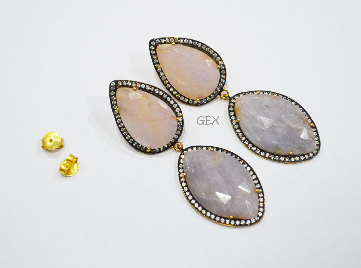 92.5 Sterling Silver Lavender And Baby Pink Sapphire Faceted Fancy Shape Earring , Lavender And Baby Pink Sapphire With Pave Cubic Zirconia Earring , 62 mm , E-066
