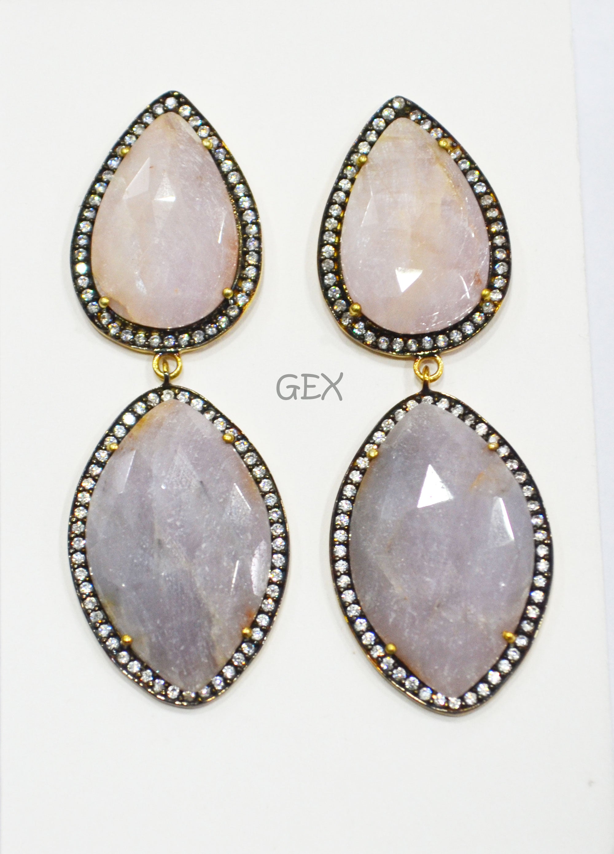 92.5 Sterling Silver Lavender And Baby Pink Sapphire Faceted Fancy Shape Earring , Lavender And Baby Pink Sapphire With Pave Cubic Zirconia Earring , 62 mm , E-066