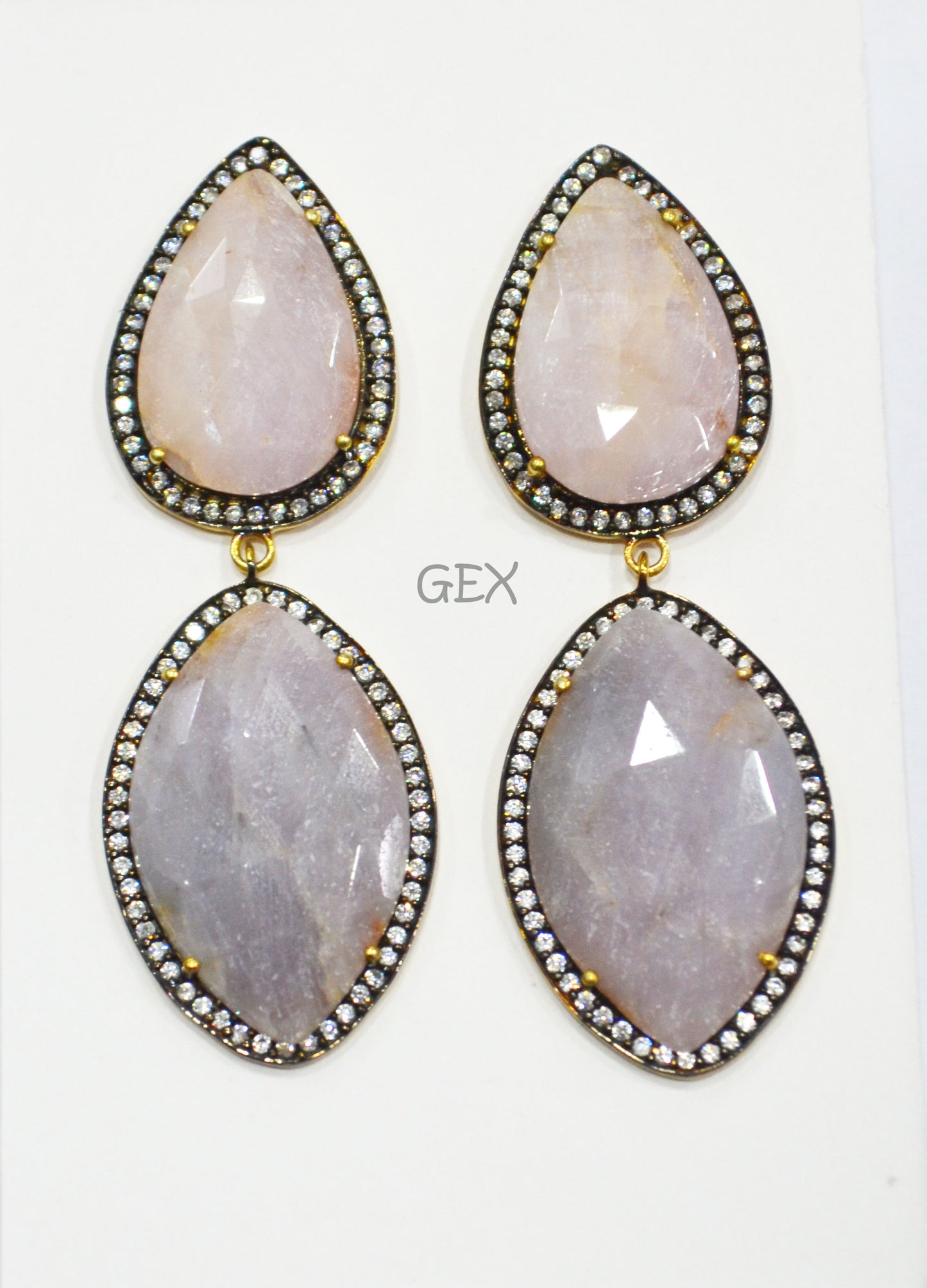 92.5 Sterling Silver Lavender And Baby Pink Sapphire Faceted Fancy Shape Earring , Lavender And Baby Pink Sapphire With Pave Cubic Zirconia Earring , 62 mm , E-066