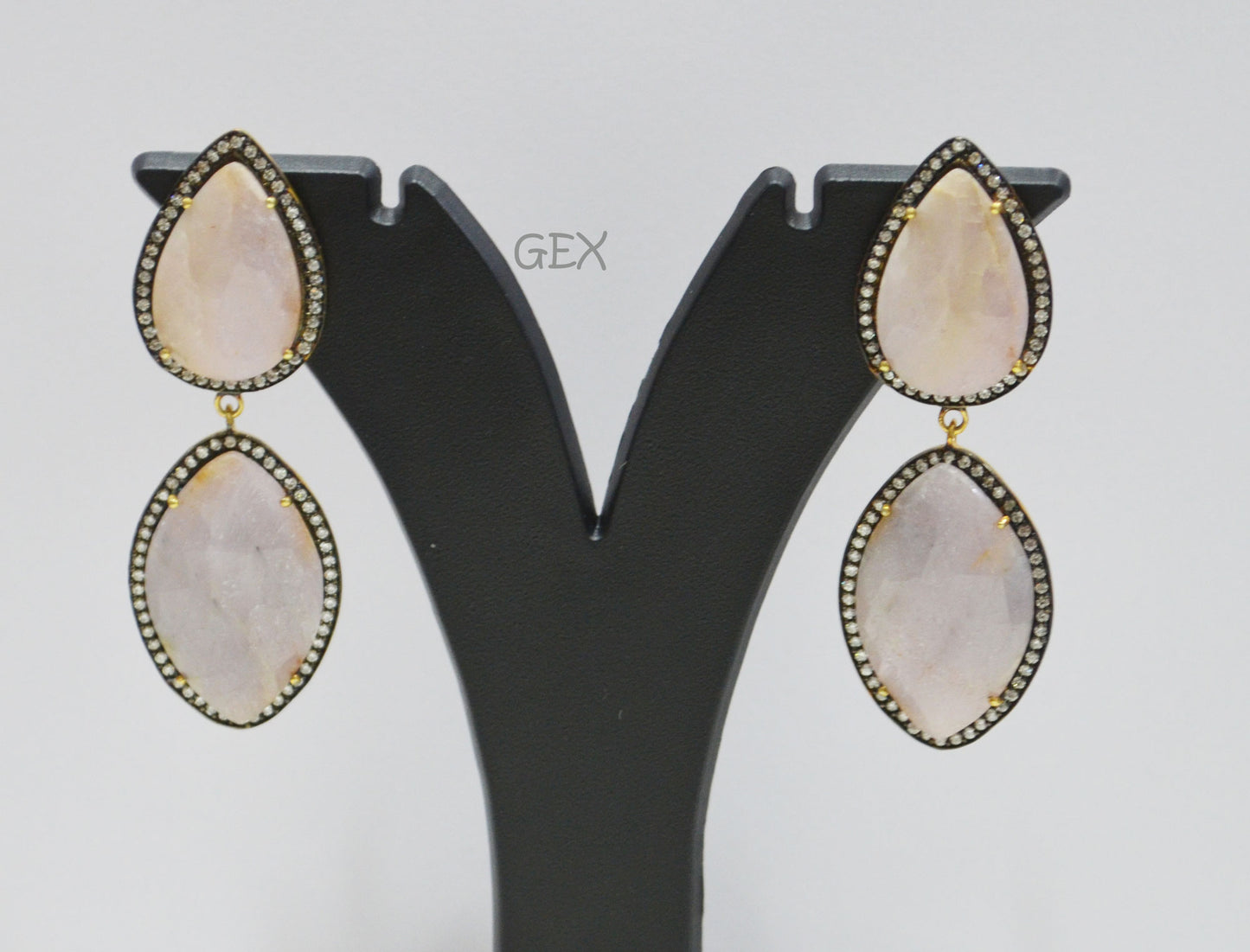 92.5 Sterling Silver Lavender And Baby Pink Sapphire Faceted Fancy Shape Earring , Lavender And Baby Pink Sapphire With Pave Cubic Zirconia Earring , 62 mm , E-066