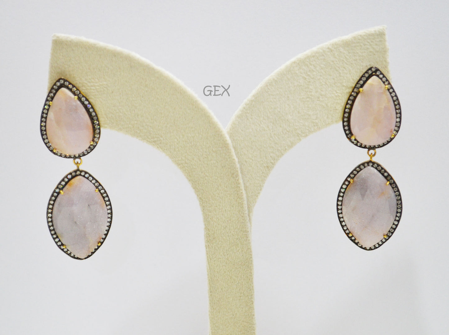 92.5 Sterling Silver Lavender And Baby Pink Sapphire Faceted Fancy Shape Earring , Lavender And Baby Pink Sapphire With Pave Cubic Zirconia Earring , 62 mm , E-066
