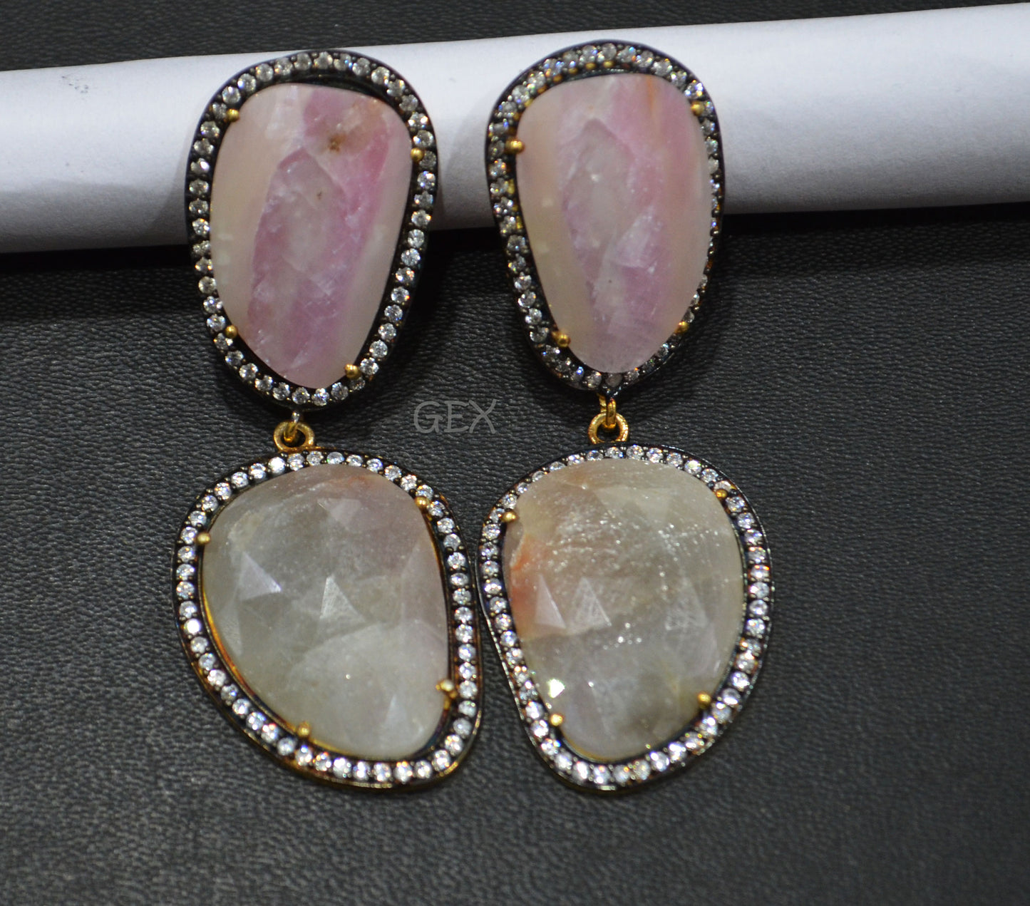 92.5 Sterling Silver Gray And Baby Pink Sapphire Faceted Fancy Shape Earring , Gray And Baby Pink Sapphire With Pave Cubic Zirconia Earring , 58 mm , E-067