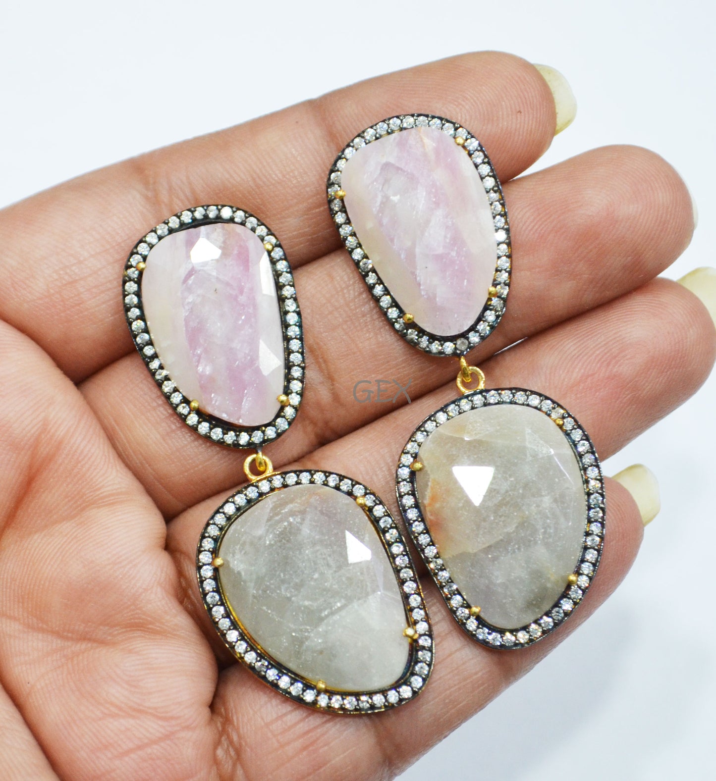 92.5 Sterling Silver Gray And Baby Pink Sapphire Faceted Fancy Shape Earring , Gray And Baby Pink Sapphire With Pave Cubic Zirconia Earring , 58 mm , E-067