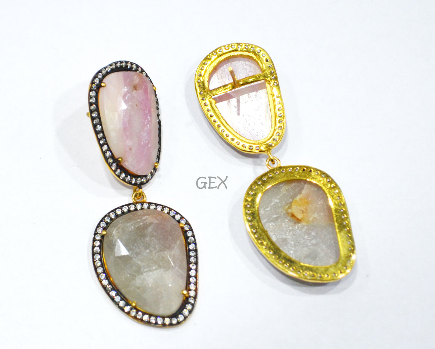 92.5 Sterling Silver Gray And Baby Pink Sapphire Faceted Fancy Shape Earring , Gray And Baby Pink Sapphire With Pave Cubic Zirconia Earring , 58 mm , E-067