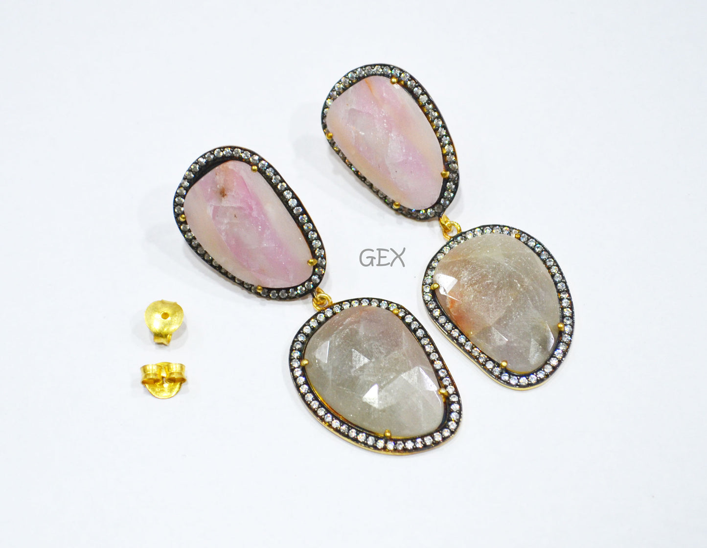 92.5 Sterling Silver Gray And Baby Pink Sapphire Faceted Fancy Shape Earring , Gray And Baby Pink Sapphire With Pave Cubic Zirconia Earring , 58 mm , E-067
