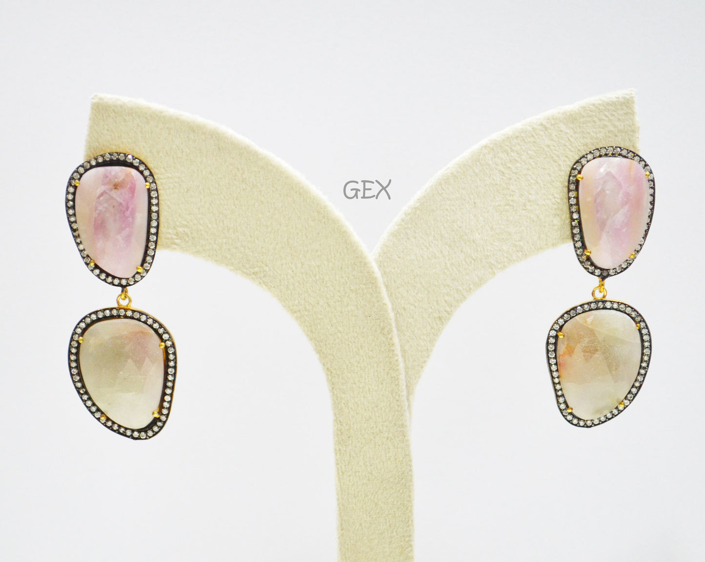 92.5 Sterling Silver Gray And Baby Pink Sapphire Faceted Fancy Shape Earring , Gray And Baby Pink Sapphire With Pave Cubic Zirconia Earring , 58 mm , E-067
