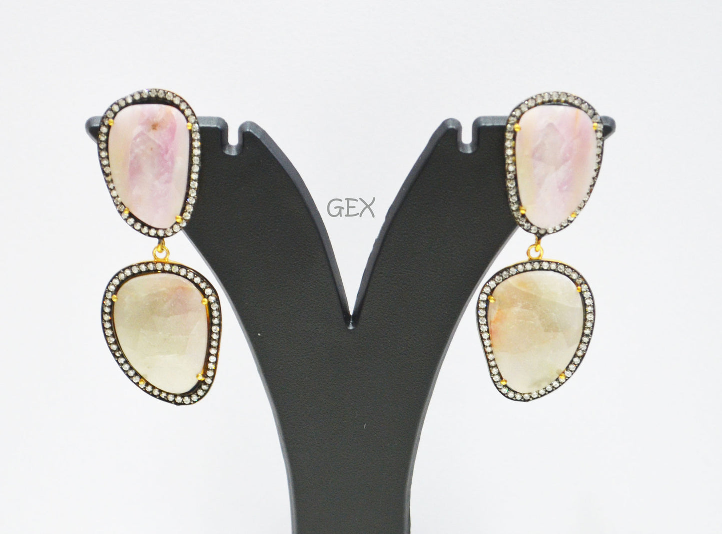 92.5 Sterling Silver Gray And Baby Pink Sapphire Faceted Fancy Shape Earring , Gray And Baby Pink Sapphire With Pave Cubic Zirconia Earring , 58 mm , E-067