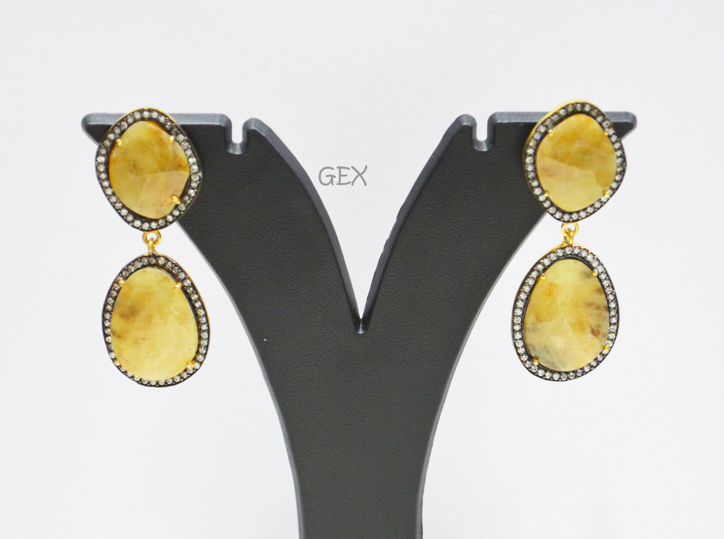 92.5 Sterling Silver Shaded Yellow Sapphire Faceted Fancy Shape Earring , Shaded Yellow Sapphire With Pave Cubic Zirconia Earring , 48 mm , E-069