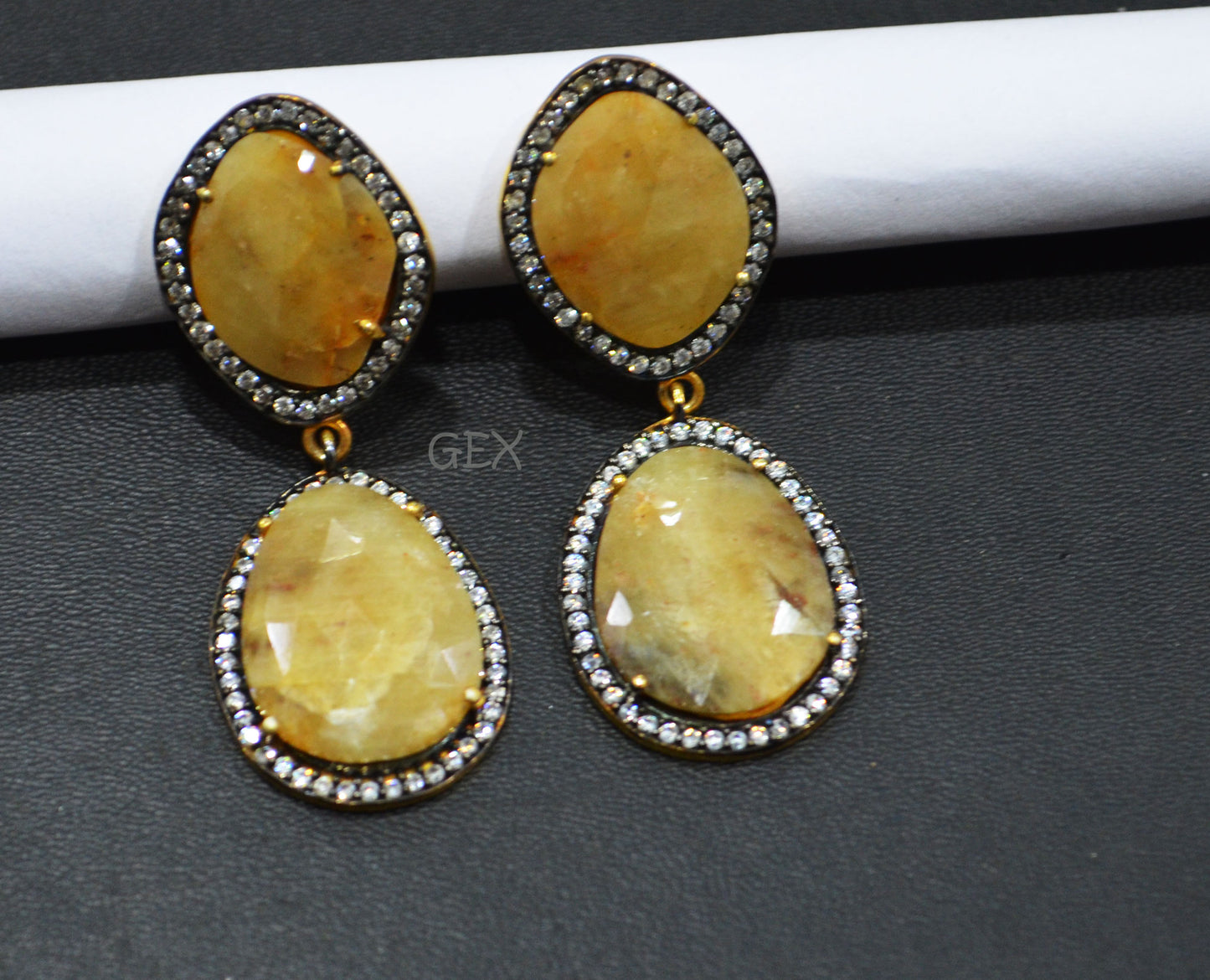 92.5 Sterling Silver Shaded Yellow Sapphire Faceted Fancy Shape Earring , Shaded Yellow Sapphire With Pave Cubic Zirconia Earring , 48 mm , E-069
