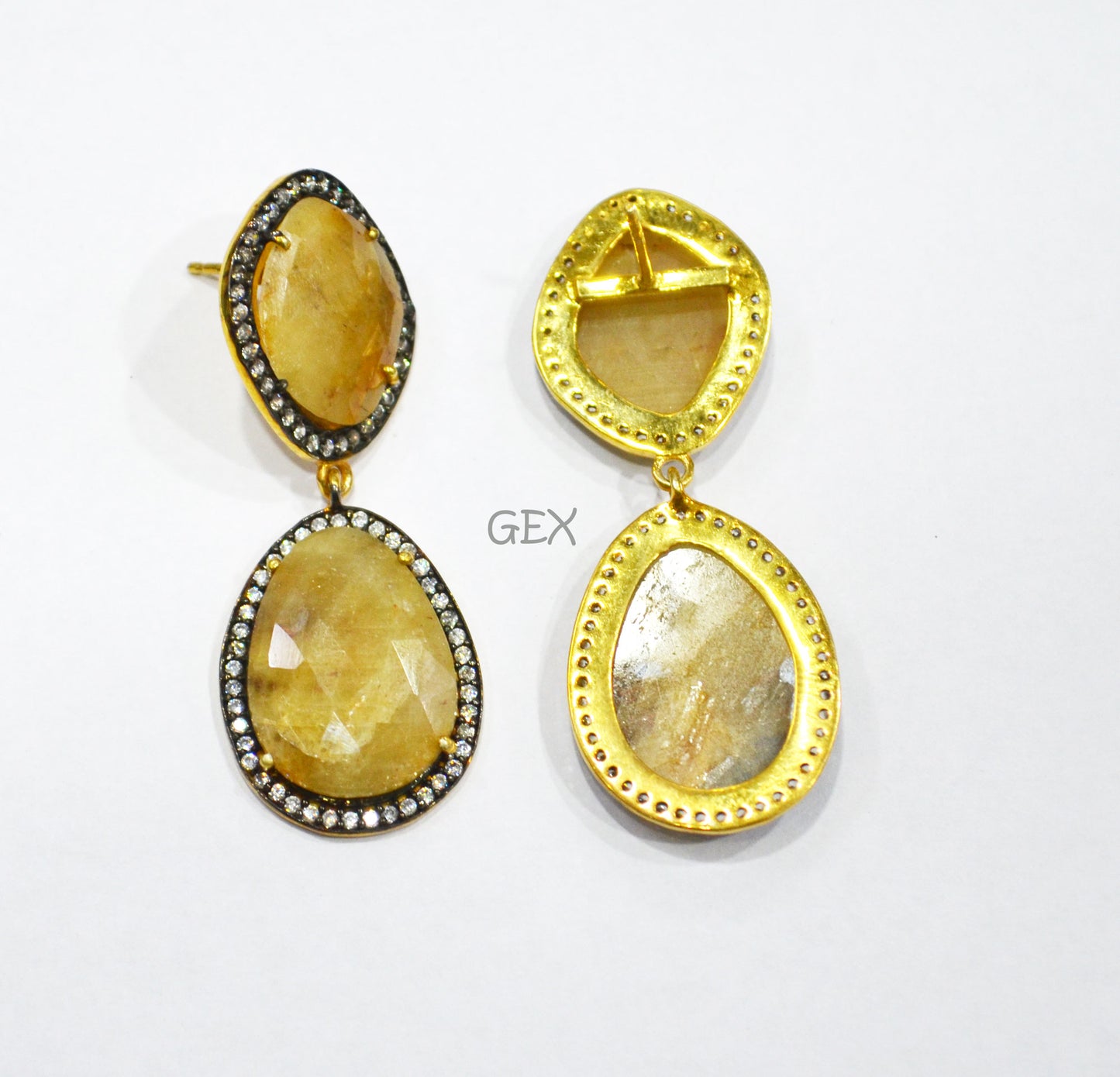 92.5 Sterling Silver Shaded Yellow Sapphire Faceted Fancy Shape Earring , Shaded Yellow Sapphire With Pave Cubic Zirconia Earring , 48 mm , E-069