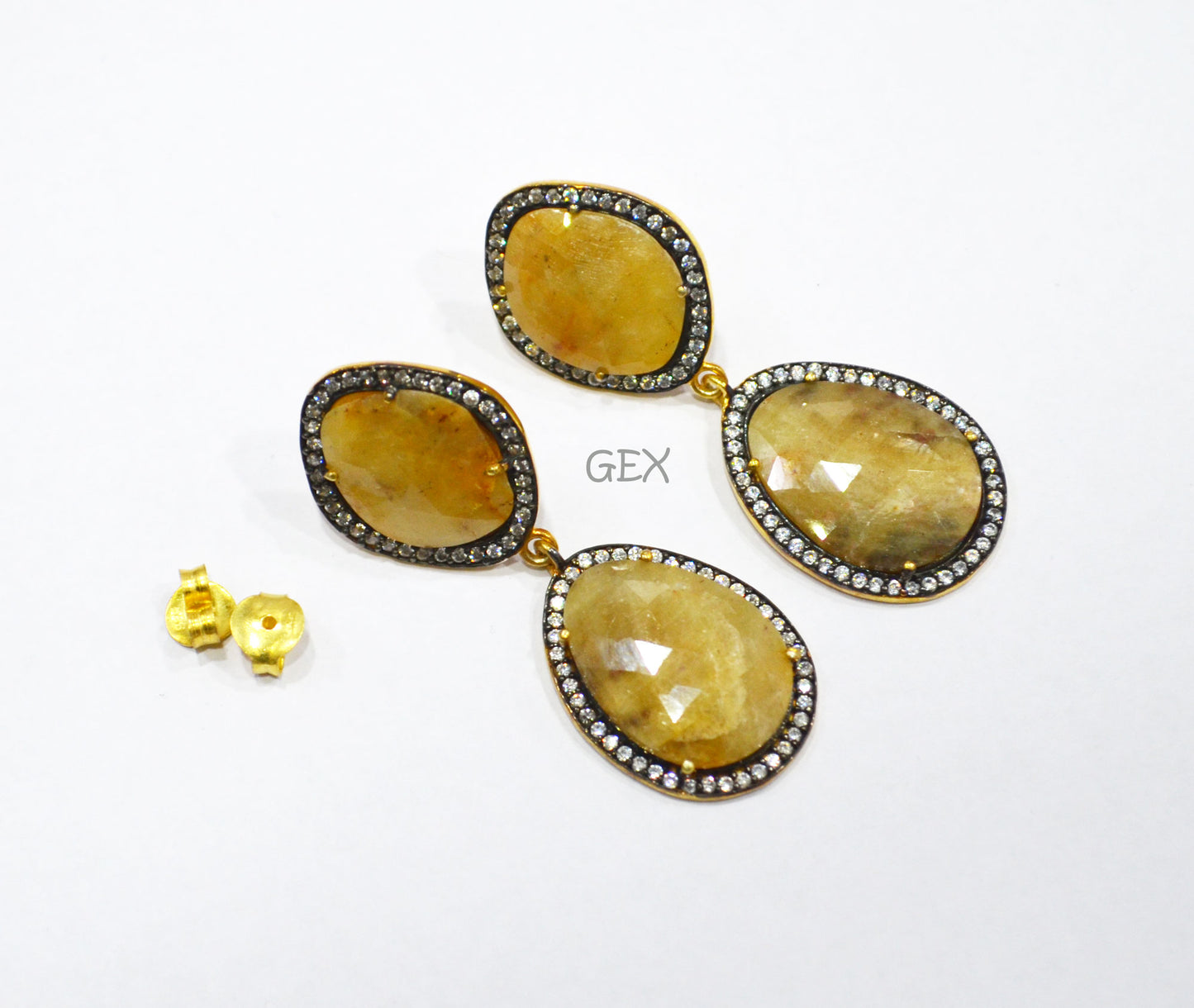 92.5 Sterling Silver Shaded Yellow Sapphire Faceted Fancy Shape Earring , Shaded Yellow Sapphire With Pave Cubic Zirconia Earring , 48 mm , E-069