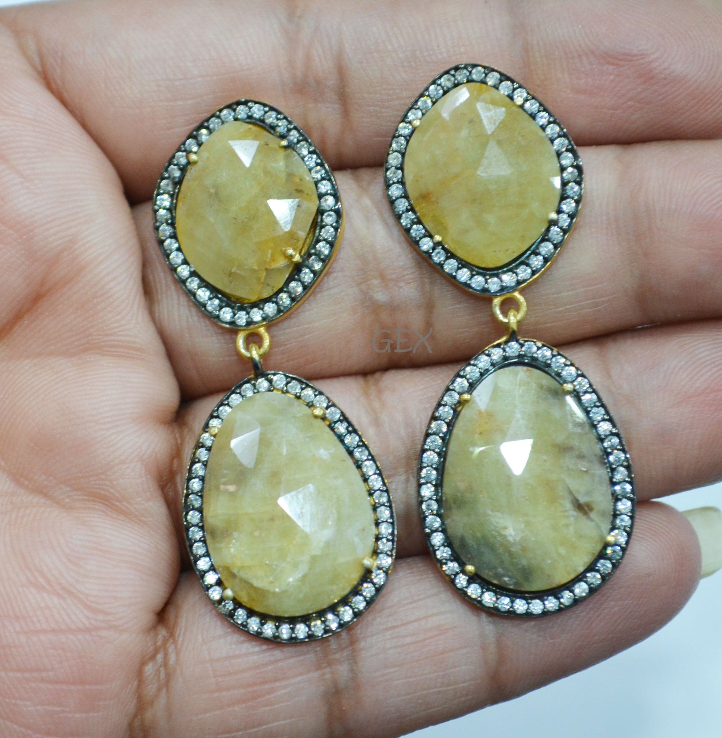 92.5 Sterling Silver Shaded Yellow Sapphire Faceted Fancy Shape Earring , Shaded Yellow Sapphire With Pave Cubic Zirconia Earring , 48 mm , E-069