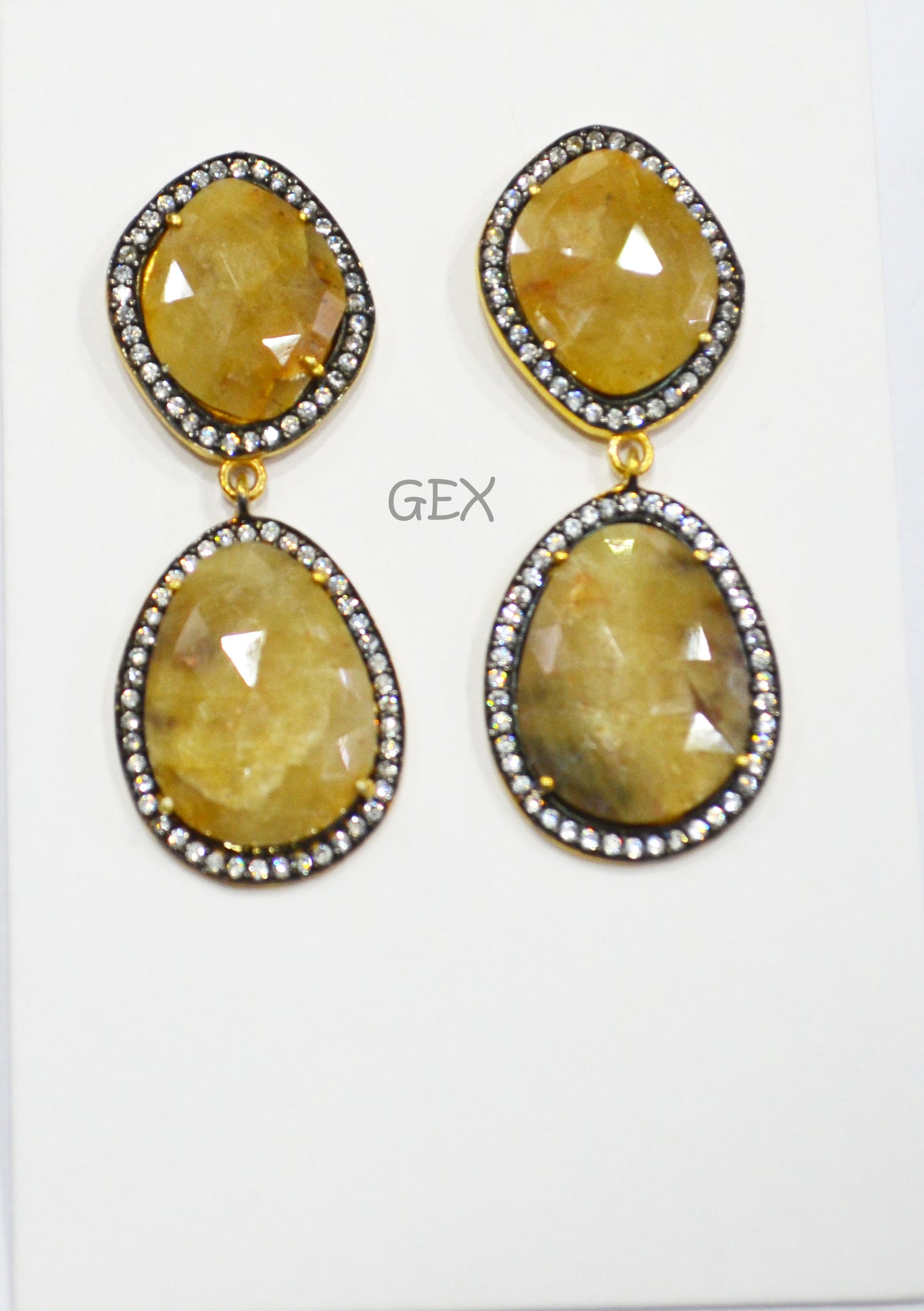 92.5 Sterling Silver Shaded Yellow Sapphire Faceted Fancy Shape Earring , Shaded Yellow Sapphire With Pave Cubic Zirconia Earring , 48 mm , E-069