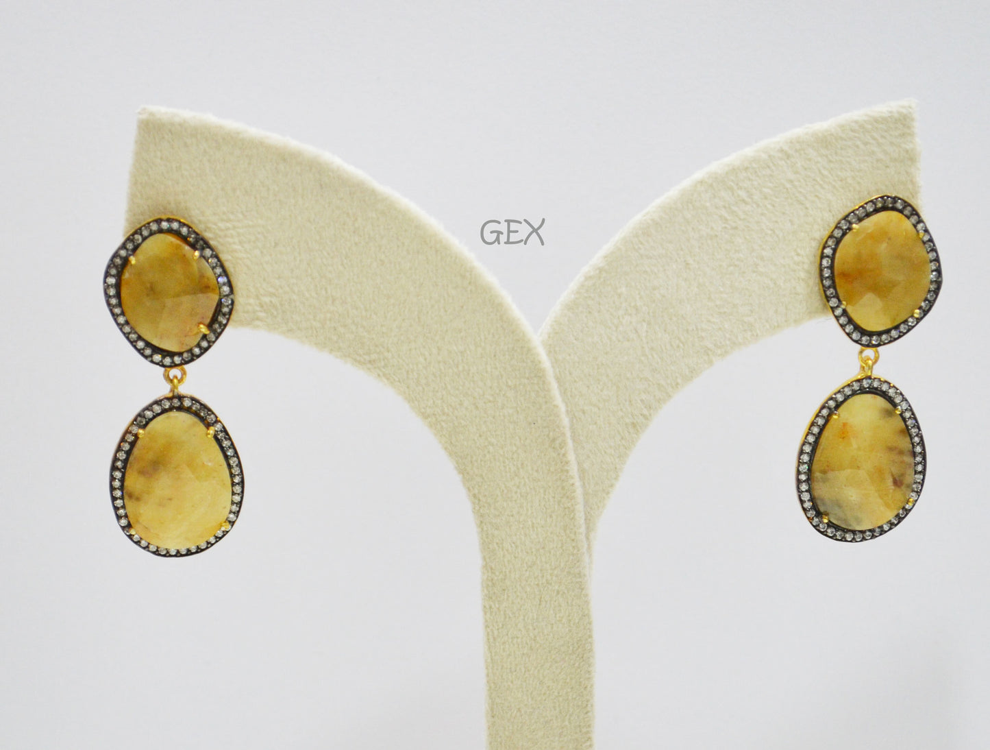 92.5 Sterling Silver Shaded Yellow Sapphire Faceted Fancy Shape Earring , Shaded Yellow Sapphire With Pave Cubic Zirconia Earring , 48 mm , E-069