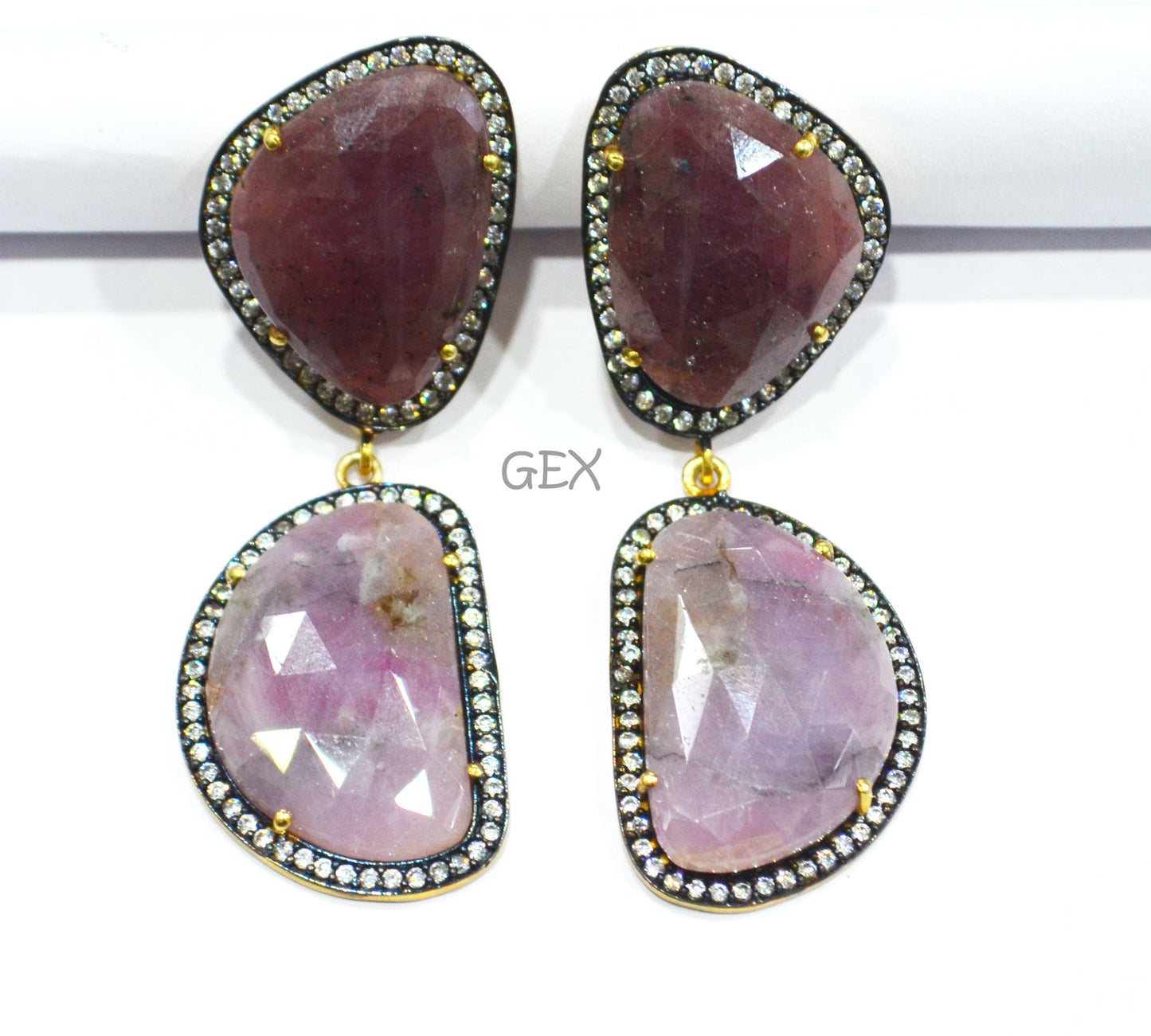 92.5 Sterling Silver Shaded Purple And Ruby Sapphire Faceted Fancy Shape Earring , Shaded Purple And Ruby Sapphire With Pave Cubic Zirconia Earring , 60 mm , E-070