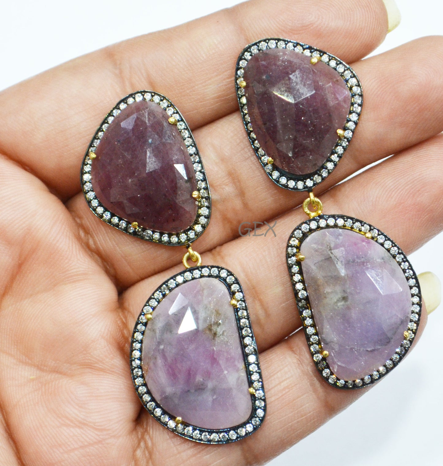 92.5 Sterling Silver Shaded Purple And Ruby Sapphire Faceted Fancy Shape Earring , Shaded Purple And Ruby Sapphire With Pave Cubic Zirconia Earring , 60 mm , E-070