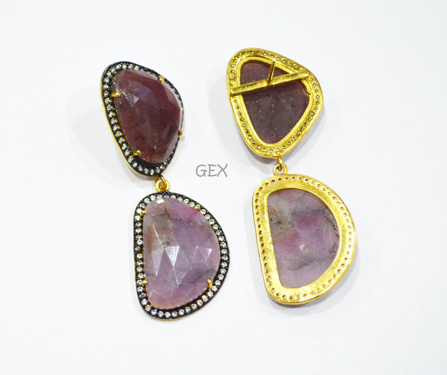 92.5 Sterling Silver Shaded Purple And Ruby Sapphire Faceted Fancy Shape Earring , Shaded Purple And Ruby Sapphire With Pave Cubic Zirconia Earring , 60 mm , E-070