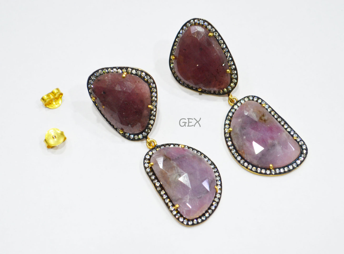 92.5 Sterling Silver Shaded Purple And Ruby Sapphire Faceted Fancy Shape Earring , Shaded Purple And Ruby Sapphire With Pave Cubic Zirconia Earring , 60 mm , E-070