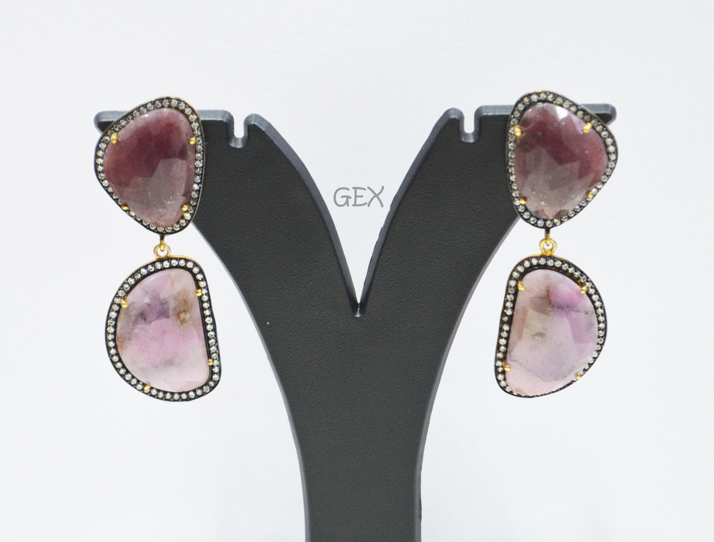 92.5 Sterling Silver Shaded Purple And Ruby Sapphire Faceted Fancy Shape Earring , Shaded Purple And Ruby Sapphire With Pave Cubic Zirconia Earring , 60 mm , E-070