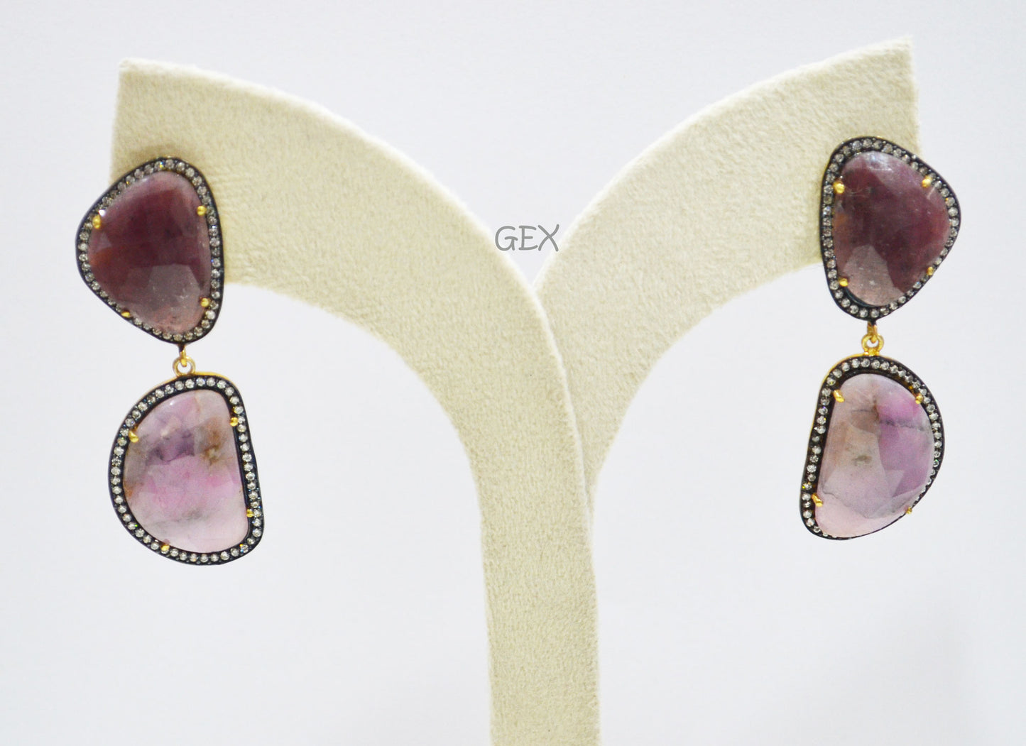 92.5 Sterling Silver Shaded Purple And Ruby Sapphire Faceted Fancy Shape Earring , Shaded Purple And Ruby Sapphire With Pave Cubic Zirconia Earring , 60 mm , E-070