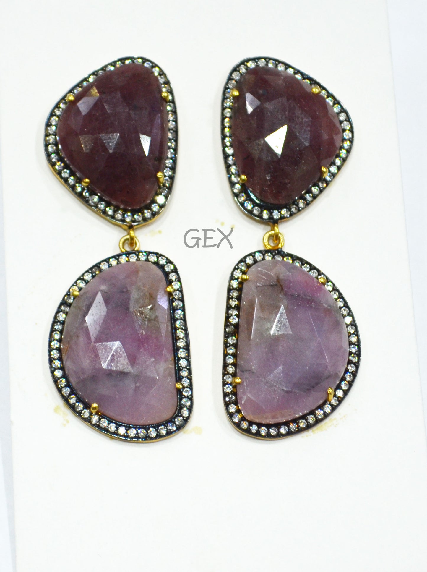 92.5 Sterling Silver Shaded Purple And Ruby Sapphire Faceted Fancy Shape Earring , Shaded Purple And Ruby Sapphire With Pave Cubic Zirconia Earring , 60 mm , E-070