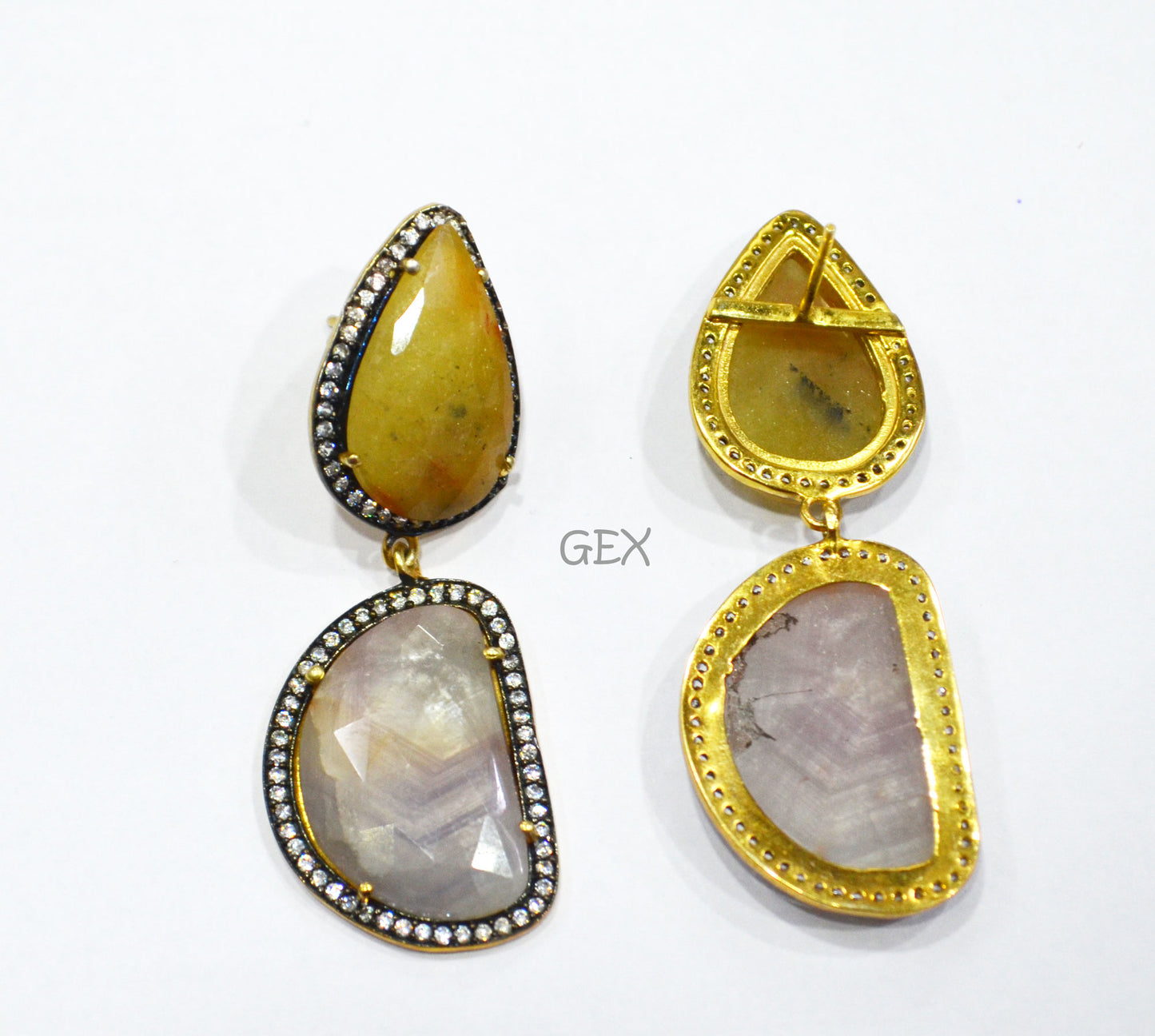 92.5 Sterling Silver Shaded Gray And Yellow Sapphire Faceted Fancy Shape Earring , Shaded Gray And Yellow Sapphire With Pave Cubic Zirconia Earring , 58 mm , E-071