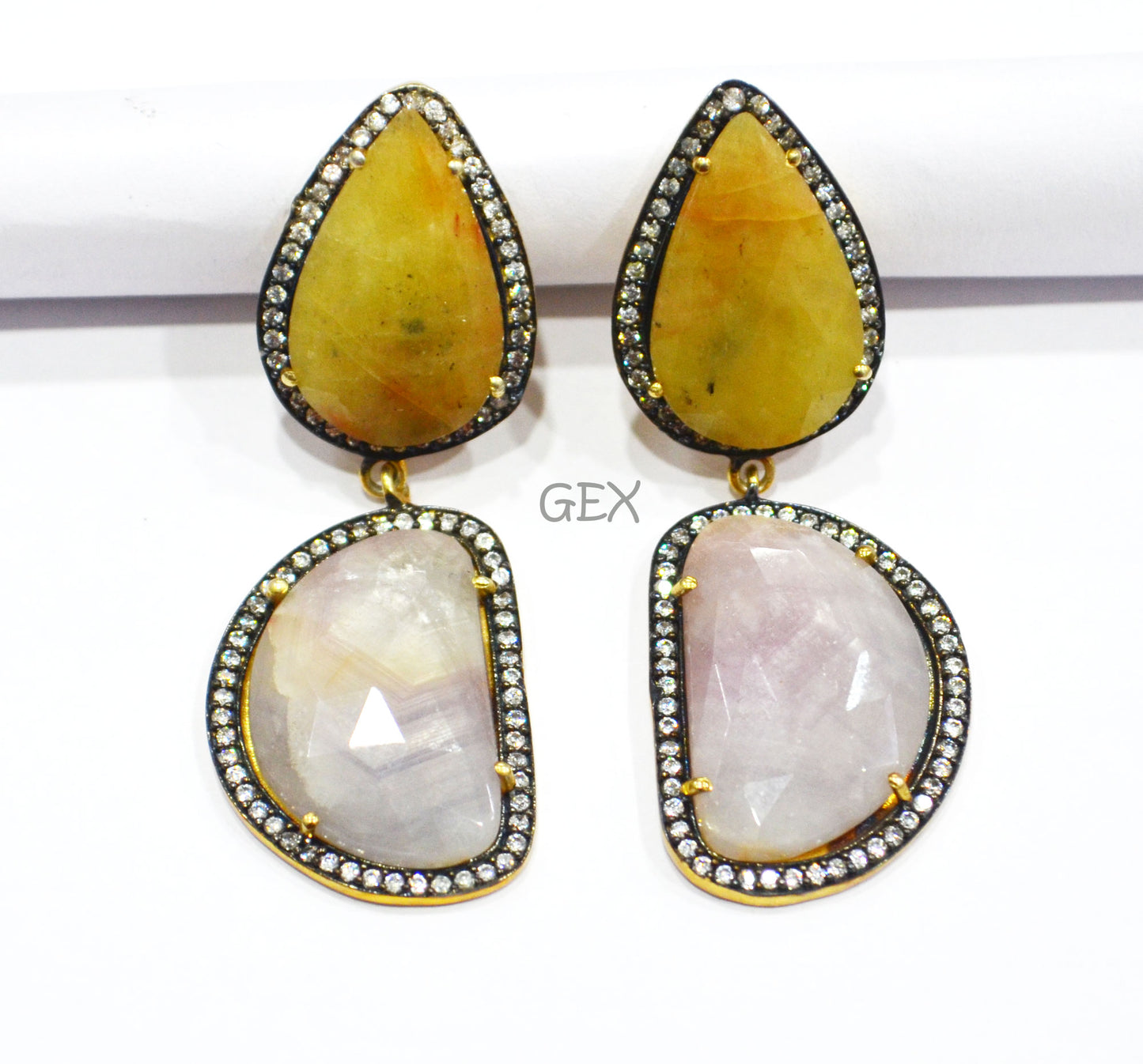 92.5 Sterling Silver Shaded Gray And Yellow Sapphire Faceted Fancy Shape Earring , Shaded Gray And Yellow Sapphire With Pave Cubic Zirconia Earring , 58 mm , E-071