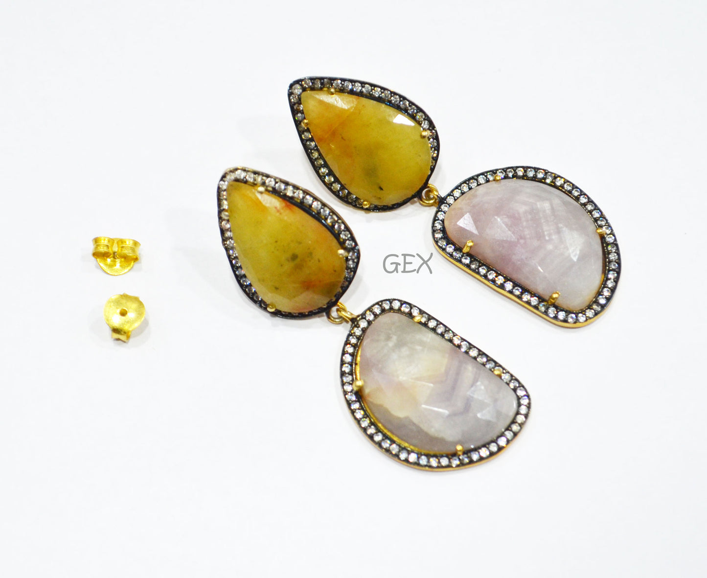92.5 Sterling Silver Shaded Gray And Yellow Sapphire Faceted Fancy Shape Earring , Shaded Gray And Yellow Sapphire With Pave Cubic Zirconia Earring , 58 mm , E-071