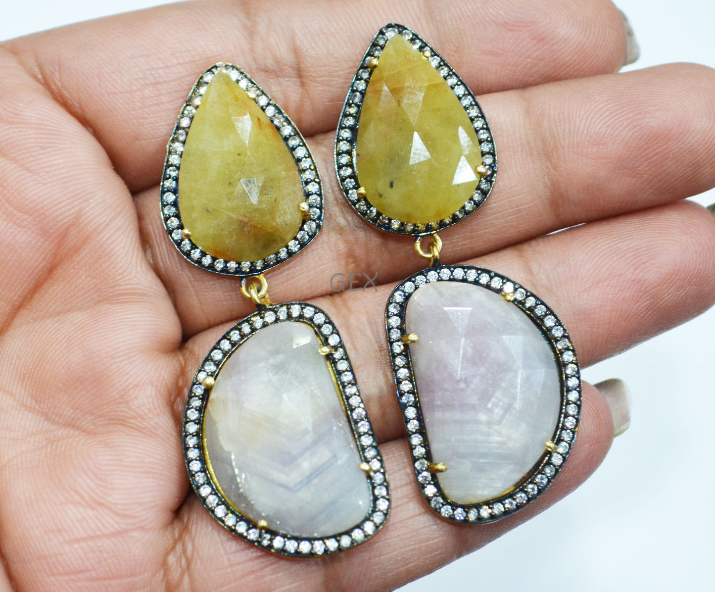 92.5 Sterling Silver Shaded Gray And Yellow Sapphire Faceted Fancy Shape Earring , Shaded Gray And Yellow Sapphire With Pave Cubic Zirconia Earring , 58 mm , E-071