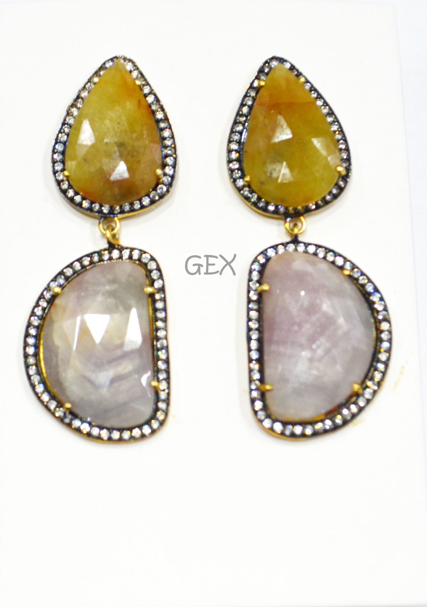 92.5 Sterling Silver Shaded Gray And Yellow Sapphire Faceted Fancy Shape Earring , Shaded Gray And Yellow Sapphire With Pave Cubic Zirconia Earring , 58 mm , E-071