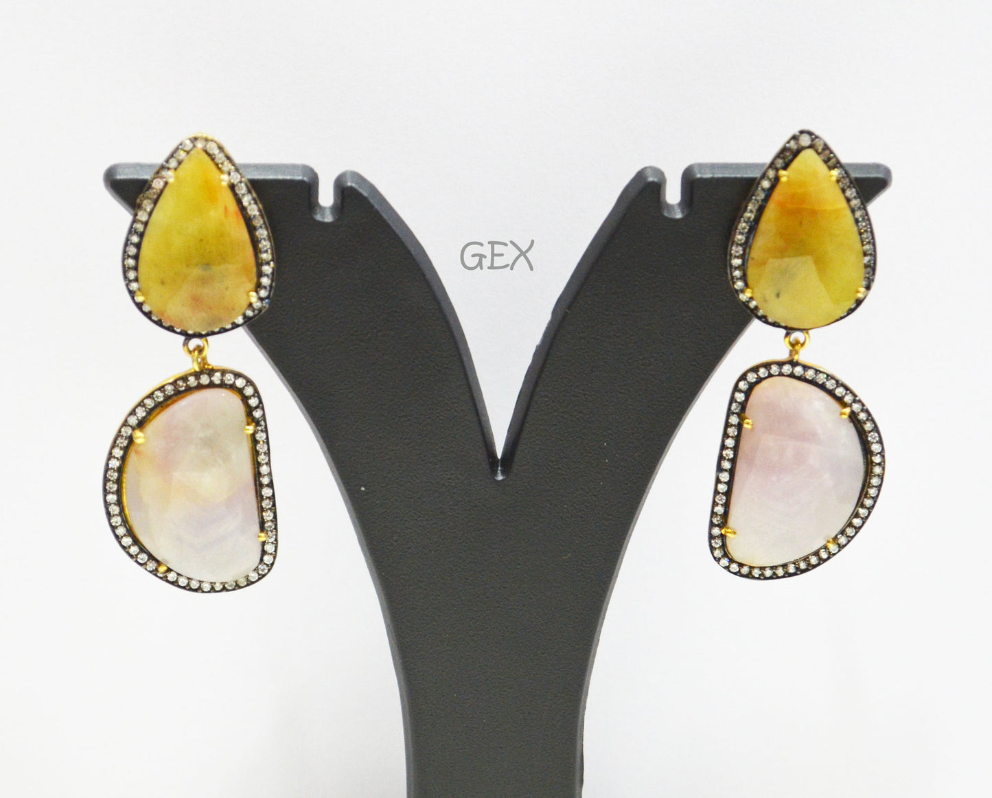 92.5 Sterling Silver Shaded Gray And Yellow Sapphire Faceted Fancy Shape Earring , Shaded Gray And Yellow Sapphire With Pave Cubic Zirconia Earring , 58 mm , E-071