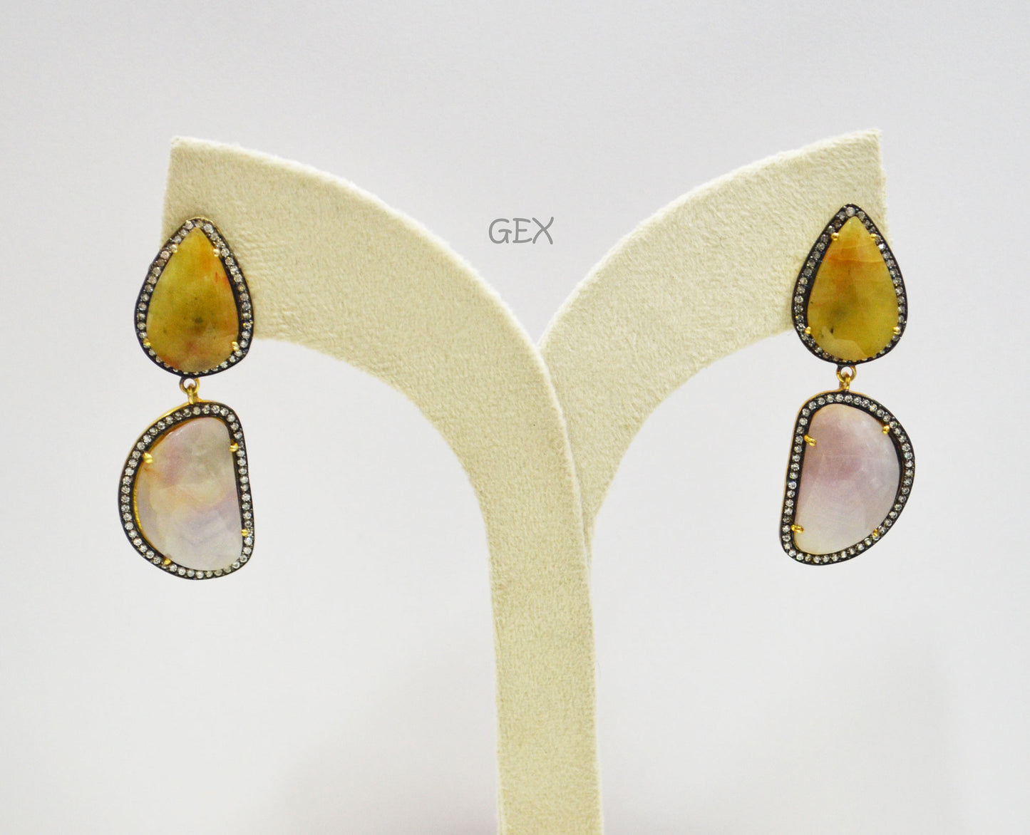 92.5 Sterling Silver Shaded Gray And Yellow Sapphire Faceted Fancy Shape Earring , Shaded Gray And Yellow Sapphire With Pave Cubic Zirconia Earring , 58 mm , E-071