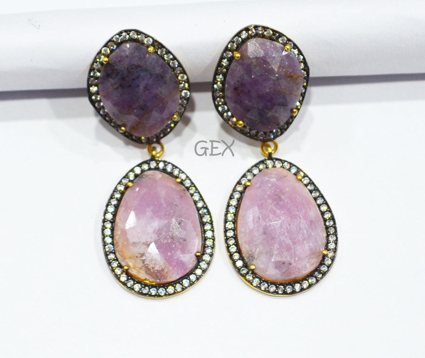 92.5 Sterling Silver Pink And Purple Sapphire Faceted Fancy Shape Earring , Pink And Purple Sapphire With Pave Cubic Zirconia Earring , 48 mm , E-072