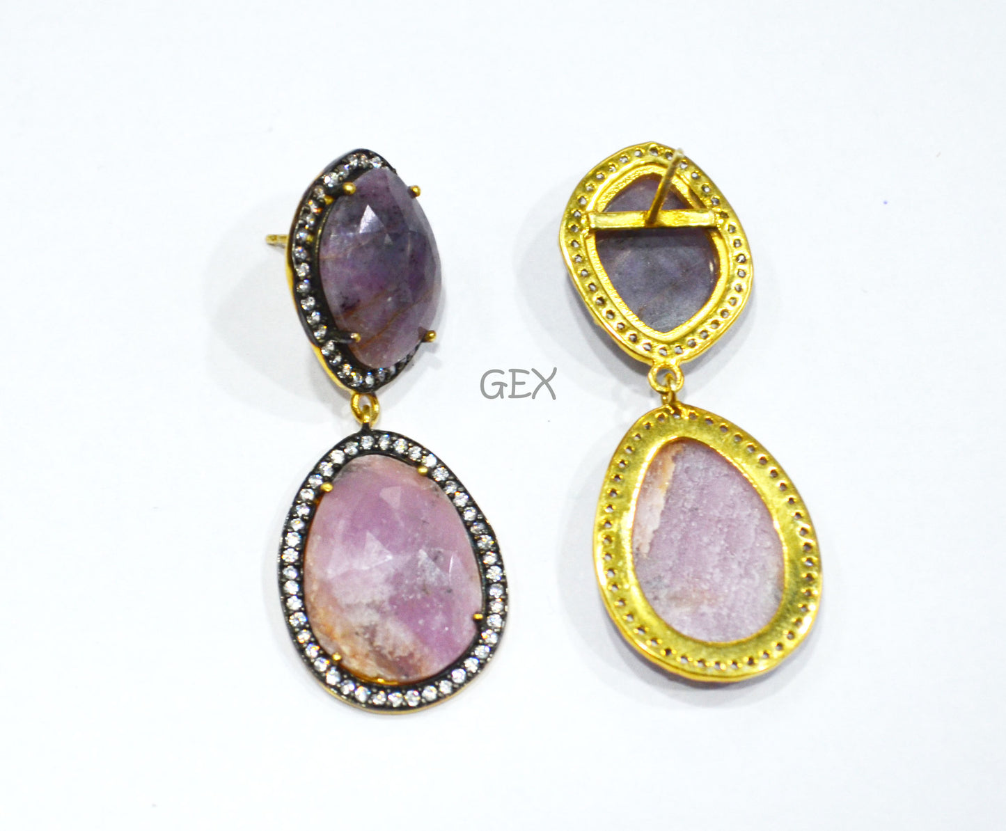 92.5 Sterling Silver Pink And Purple Sapphire Faceted Fancy Shape Earring , Pink And Purple Sapphire With Pave Cubic Zirconia Earring , 48 mm , E-072