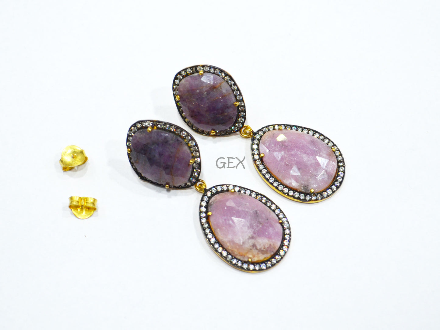 92.5 Sterling Silver Pink And Purple Sapphire Faceted Fancy Shape Earring , Pink And Purple Sapphire With Pave Cubic Zirconia Earring , 48 mm , E-072