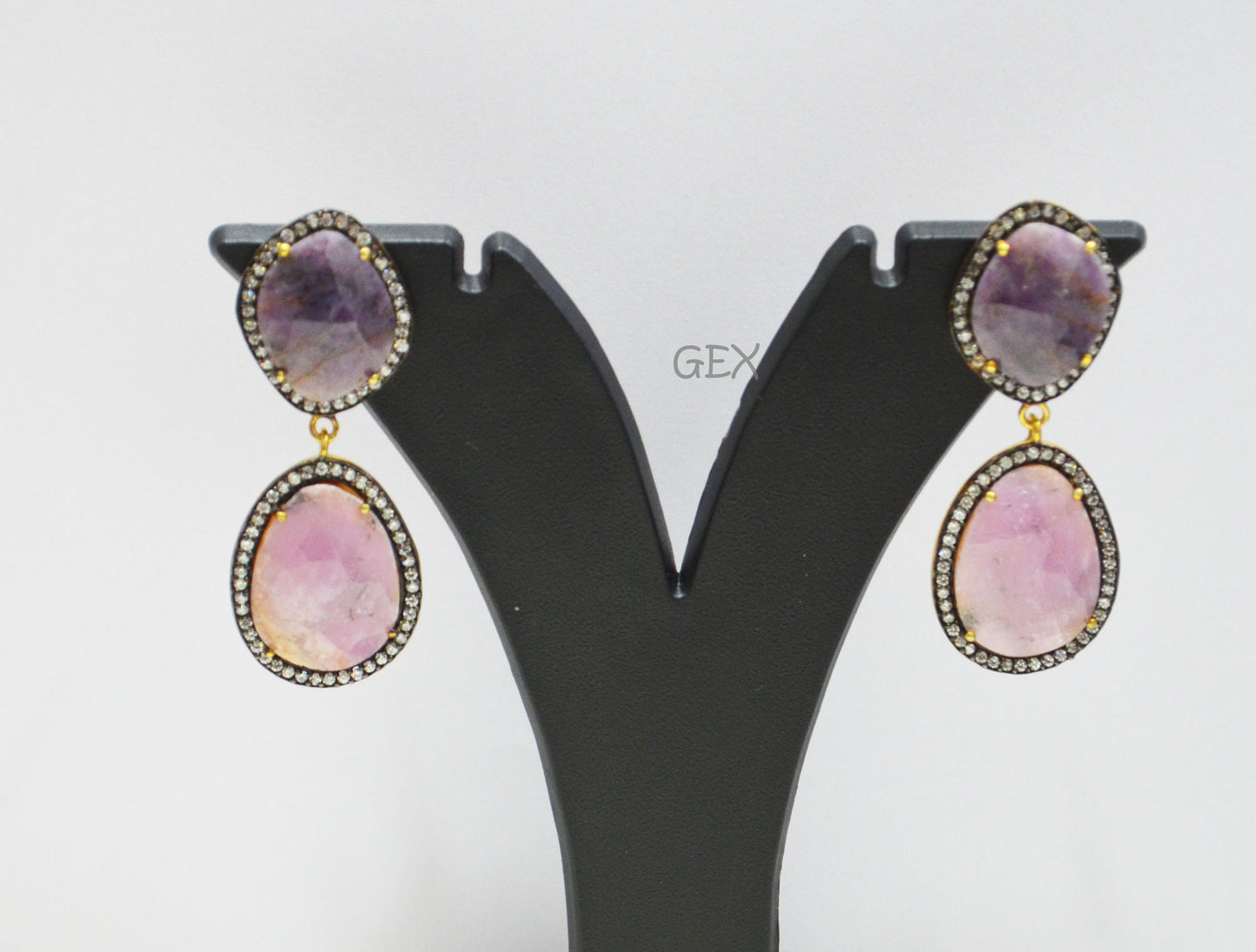 92.5 Sterling Silver Pink And Purple Sapphire Faceted Fancy Shape Earring , Pink And Purple Sapphire With Pave Cubic Zirconia Earring , 48 mm , E-072