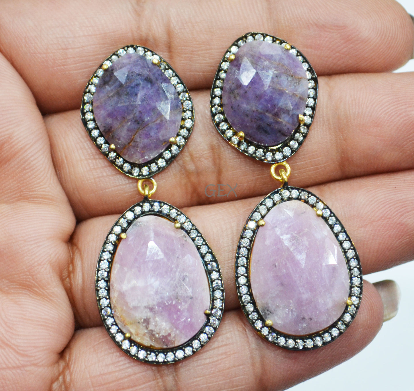 92.5 Sterling Silver Pink And Purple Sapphire Faceted Fancy Shape Earring , Pink And Purple Sapphire With Pave Cubic Zirconia Earring , 48 mm , E-072