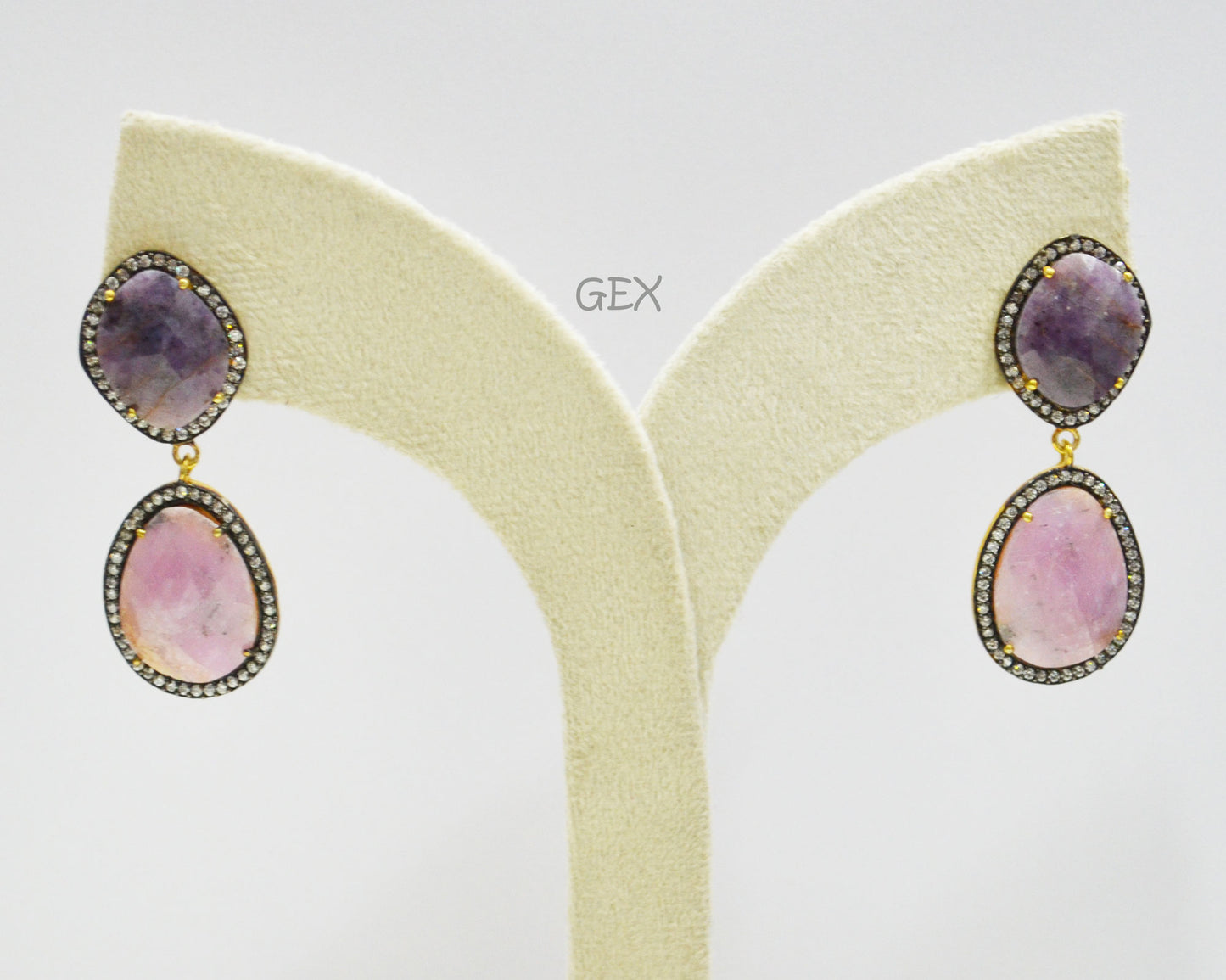 92.5 Sterling Silver Pink And Purple Sapphire Faceted Fancy Shape Earring , Pink And Purple Sapphire With Pave Cubic Zirconia Earring , 48 mm , E-072