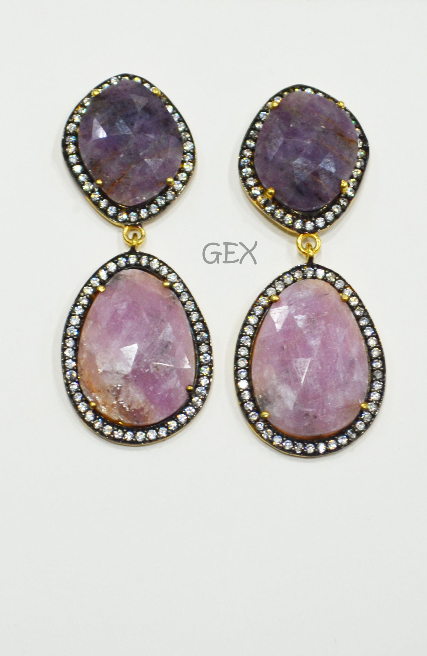 92.5 Sterling Silver Pink And Purple Sapphire Faceted Fancy Shape Earring , Pink And Purple Sapphire With Pave Cubic Zirconia Earring , 48 mm , E-072