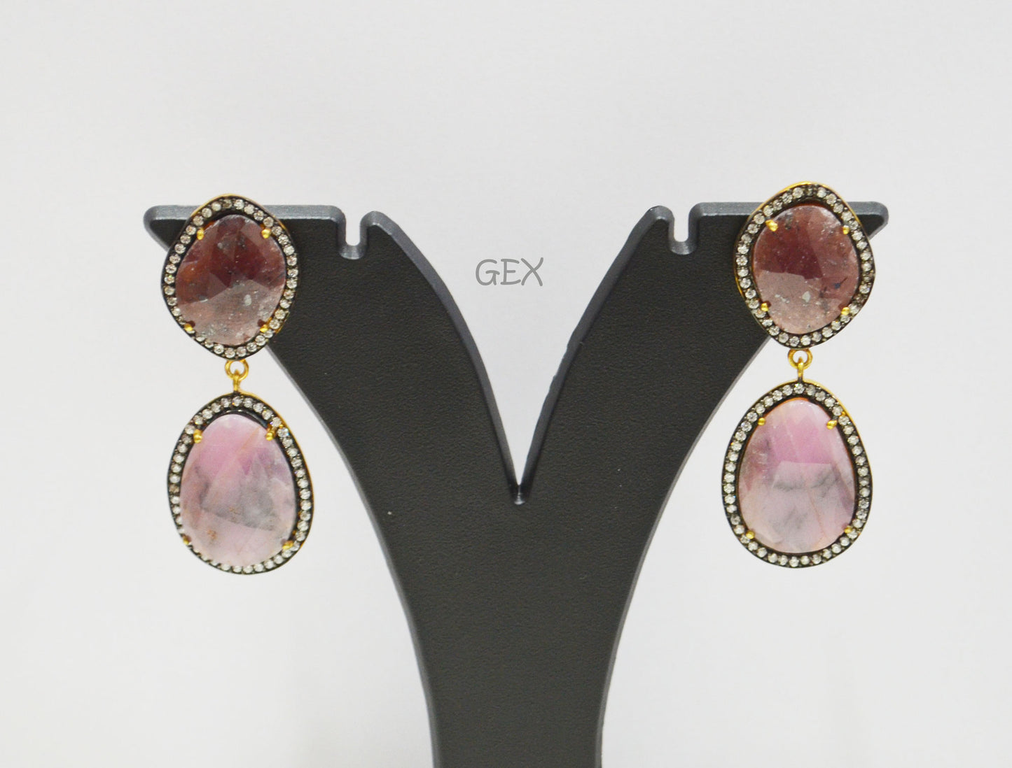 92.5 Sterling Silver Ruby And Baby Pink Sapphire Faceted Fancy Shape Earring , Ruby And Baby Pink Sapphire With Pave Cubic Zirconia Earring , 49 mm , E-074
