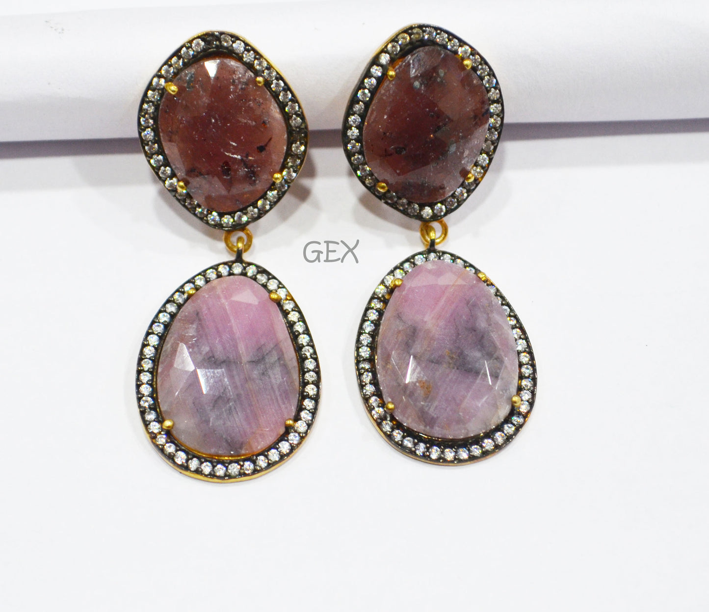 92.5 Sterling Silver Ruby And Baby Pink Sapphire Faceted Fancy Shape Earring , Ruby And Baby Pink Sapphire With Pave Cubic Zirconia Earring , 49 mm , E-074